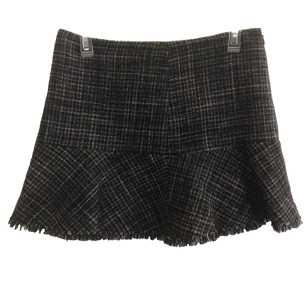 Theory Tweed Mini Skirt Raw Hem Low Rise Blue Black Wool Lined Size 4